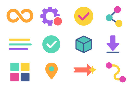 Minimalist CICD Icons. CI/CD Deployment flat icon set: continuous loop, build trigger, automated test badge, integration nodes, pipeline lanes, approval check, artifact box, deploy