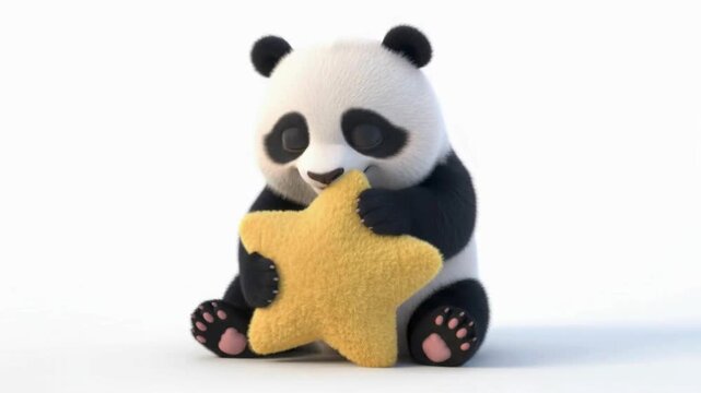 Adorable 3D panda holding yellow star on white background in playful minimalist style for child-friendly art
