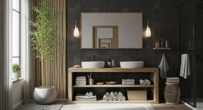 Modern bathroom interior showcases natural wood vanity and dark tile with abundant indoor greenery