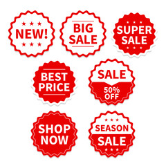 Set of red sale tags and labels. Paper gift label with rope. Special offer, sale, discount, shop, black Friday.