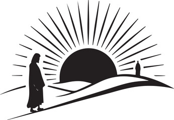 Silhouette of a Figure Walking Towards a Rising Sun with a Bottle Keywords: silhouette, figure, person, walking, journey, sun, sunrise, sunset, rays, light, landscape, hills, bottle, solitary