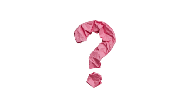 Crumpled pink paper forms a question mark on a transparent background. The texture is visible, creating a contrast between the colors.