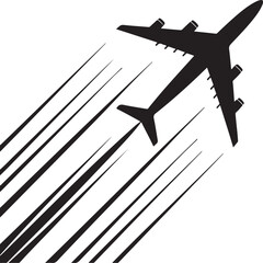 Silhouette of a jet airplane with speed lines indicating rapid movement Keywords: airplane, jet, aircraft, flight, flying, speed, motion, travel, transportation, aviation, silhouette, lines
