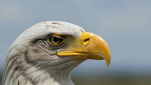 A captivating close-up profile shot reveals the majestic head of a powerful raptor, showcasing its distinctive white plumage, intense yellow eye, and formidable curved beak. The bird's sharp gaze sugg