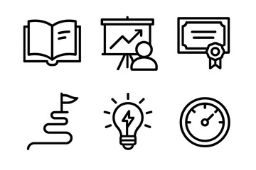 Professional Development Icons. Labor Day Professional Development Set linear icon set: training book, workshop board, certificate, learning path, idea spark, progress gauge