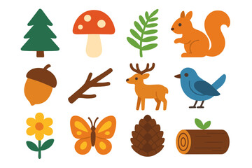 Vibrant Forest Icons. Forest Nature set flat icon set: pine tree, mushroom, fern leaf, squirrel, acorn, fallen branch, deer, bird, log, flower, butterfly, pinecone