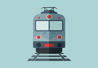 Flat Design Front View of Modern Electric Train or Locomotive Icon on Railroad Tracks. Vector Illustration for Public Transportation, Travel, and Logistics.