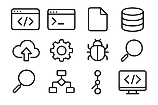 Programming Tools Icons. Programming tools linear icon set. code editor, terminal, file icon, database, cloud upload, gear, bug icon, magnifying glass, flowchart, commit symbol
