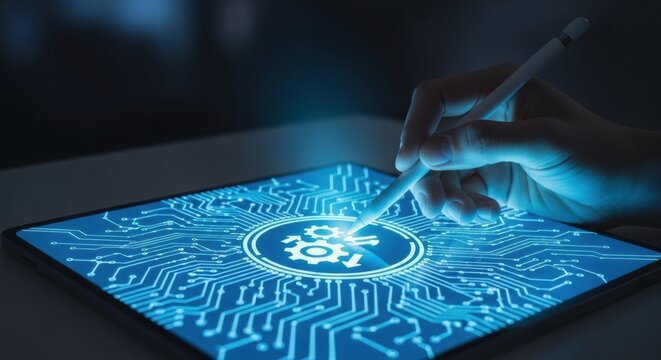 Close-up of a hand using a digital stylus to touch a glowing blue gear icon on a tablet screen, illustrating concepts of automation, system integration, and modern technology