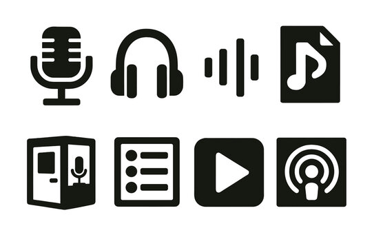 Podcast Icon Set. Podcast Series silhouette icon set: microphone, headphones, sound waves, audio file, recording booth, episode list, play icon, podcast cover - Powered by Adobe
