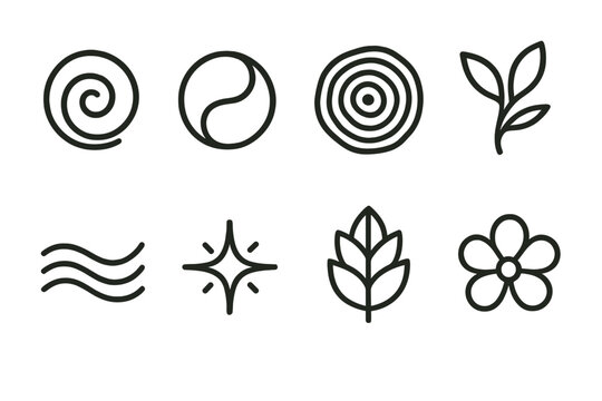 Nature-Inspired Design Icons. Nature-inspired creativity symbols linear icon set: organic swirl, harmony circle, growth ring, natural motif, gentle wave, inspiration spark, layered