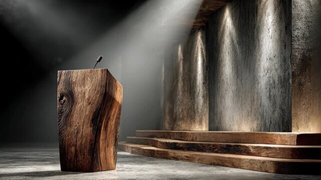 Rustic wooden podium with microphone stands on stage for a presentation at an event or Conference at a rustic location