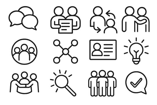 Peer Feedback Icons. Peer Feedback linear icon set: group bubbles, shared notes, collaboration arrow, supportive gesture, community circle, connected dots, feedback card