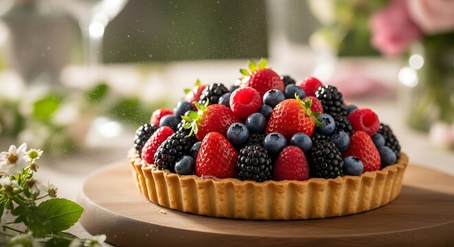 Delicious berry tart on a wooden board, surrounded by flowers.
