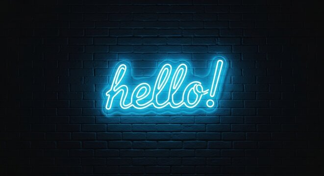 The word hello written in a glowing cyan neon light with an exclamation mark is mounted on a dark textured brick wall, illuminating the surface with a cool, moody blue hue