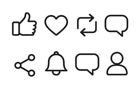 Social Media Icons. Engagement icons concept linear icon set: like thumb, heart, repost, chat, share, bell, message, follow icon