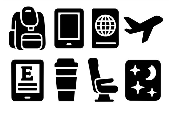 Brutalist Travel Icons. Reading on the Go silhouette icon set. backpack, tablet, passport, airplane, e-book icon, travel mug, seat, starry sky