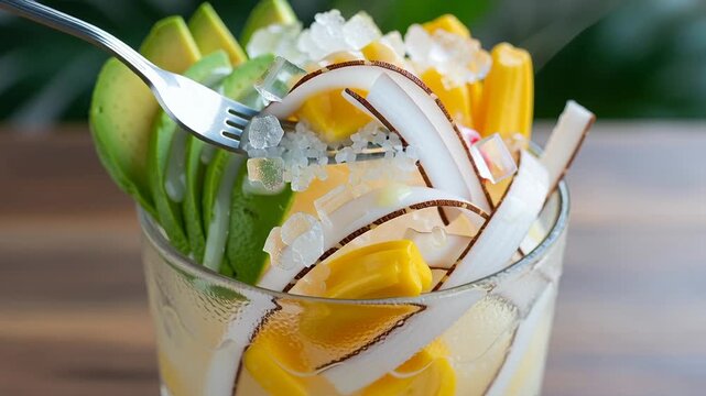 Refreshing Halo-Halo Dessert with Avocado, Jackfruit, and Coconut.