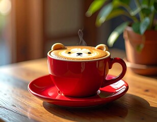 A charming coffee cup with bear art on the foam. Resting on a red saucer, placed on a wooden table, next to a plant