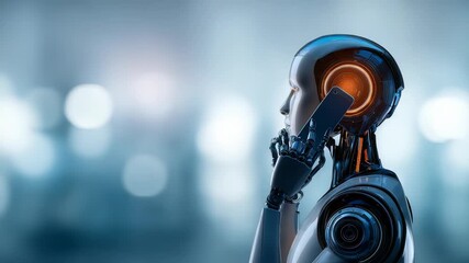 Advanced AI robot communicates using a mobile phone, symbolizing the integration of technology and human interaction. The scene highlights future trends in robotics and digital communication