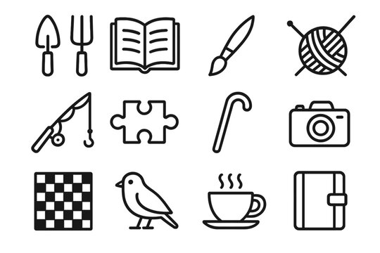 Retirement Hobbies Icons. Hobbies in retirement linear icon set: gardening tools, book, paintbrush, knitting yarn, fishing rod, puzzle piece, walking stick, camera, chess board