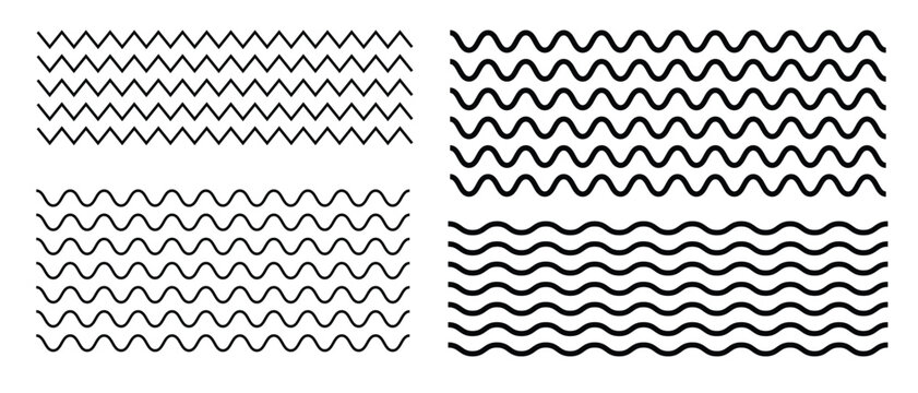 Set of various black wavy and zigzag lines, patterns, and borders isolated on white background.