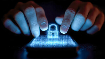 Hands interacting with a digital holographic lock symbol emerging from a smartphone screen representing advanced cybersecurity and data protection concepts