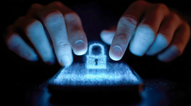 Hands interacting with a digital holographic lock symbol emerging from a smartphone screen representing advanced cybersecurity and data protection concepts