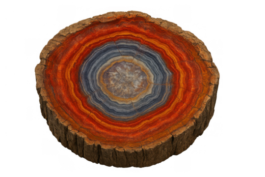 Petrified wood log cross-section displaying colorful mineral rings and growth patterns, geological fossil with bark, transparent background
