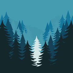 Obraz premium Vector illustration of a layered pine tree forest landscape at twilight, featuring dark blue silhouettes and a single bright unique fir tree in the center, minimalist flat design background.