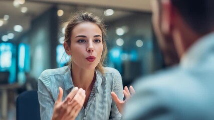 Focused young woman engages in a thoughtful conversation with a coworker, highlighting effective workplace communication. Modern office environment emphasizes collaboration and leadership