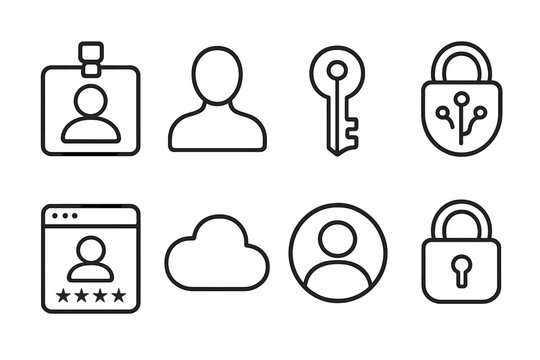 Digital Security Icons. Online Identity linear icon set: ID badge, avatar face, digital key, encrypted lock, login screen, cloud icon, user profile, secure padlock