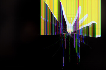 Broken display screen featuring prominent radial cracks and vibrant color pixel lines on a dark background, signifying technology damage, malfunction, and urgent repair