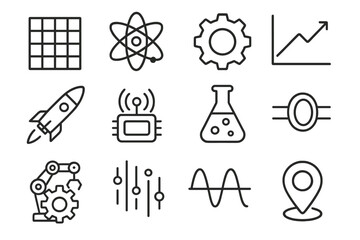 Tech Science Icons. Tech & Science Exploration Set linear icon set: digital grid, atom ring, mechanical cog, math chart, rocket silhouette, sensor node, chemistry beaker, optical