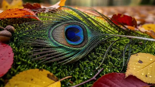 A captivating close-up shot of a magnificent peacock feather resting gracefully upon a vibrant bed of green moss. The feather displays its iconic iridescent "eye" pattern with stunning shades of emera