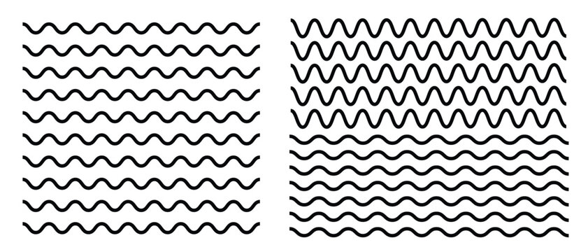 Abstract patterns of black wavy lines with varying frequencies isolated on white background.