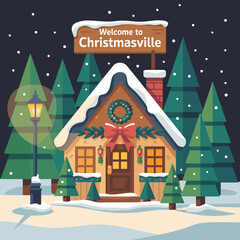 Fototapeta premium Cozy Christmasville House Illustration. Snowy Winter Night Landscape with Welcome Sign, Decorated Cabin, Pine Trees, and Lamppost.