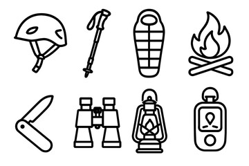 Outdoor Gear Icons. Outdoor Adventure Gear linear icon set. climbing helmet, trekking pole, sleeping bag, campfire, pocket knife, binoculars, lantern, GPS device