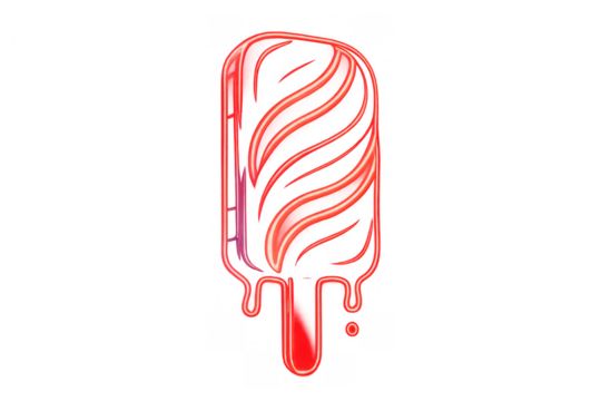 Ice cream popsicle neon sign red glowing dessert melting into liquid with a transparent background