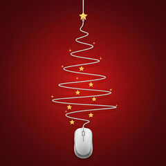 A computer mouse forms a christmas tree shape with stars on a red background for the holiday season. Christmas creative post add