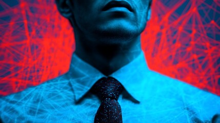 A stylized portrait of a man in a suit, featuring vibrant red and blue colors with abstract patterns, evoking a modern and dynamic feel.