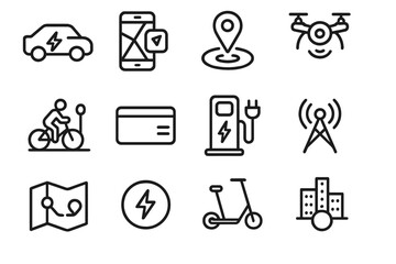 Fototapeta premium Smart City Symbols. Smart City Transport linear icon set. electric car, app navigation, GPS pin, drone view, bike lane, smart card, charging station, signal tower, route map