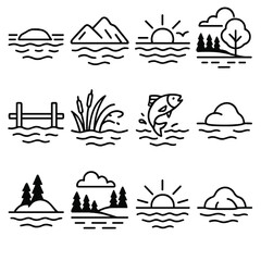 Lake Sunrise Silhouette. Waterfront scenery linear icon set. lake, ripples, mountain, tree line, sunrise, bird, cloud, dock, reeds, fish jump, rock, island