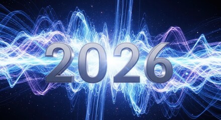 Futuristic 2026 new year banner with shimmering light streaks and metallic numbers
