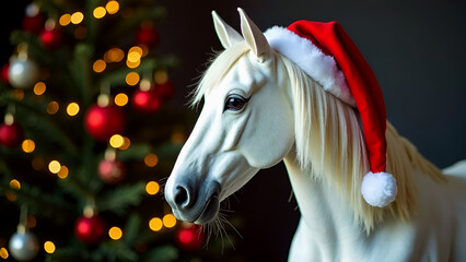 White Horse in Santa Claus Hat Standing Against Christmas Tree Background, New Year's Symbol 2026