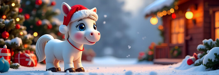 A white cartoon horse in a red Santa Claus hat stands in the courtyard of a house decorated with garlands for Christmas. Horse - symbol of the year 2026