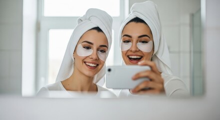 Two cheerful young women with towels wrapped on their heads and cosmetic eye patches on their faces smile while taking a fun selfie together in a bright bathroom mirror