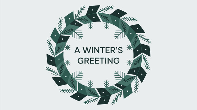 Flat design vector illustration of a modern geometric Christmas wreath with "A Winter's Greeting" text, ideal for minimalist holiday cards and seasonal banners.