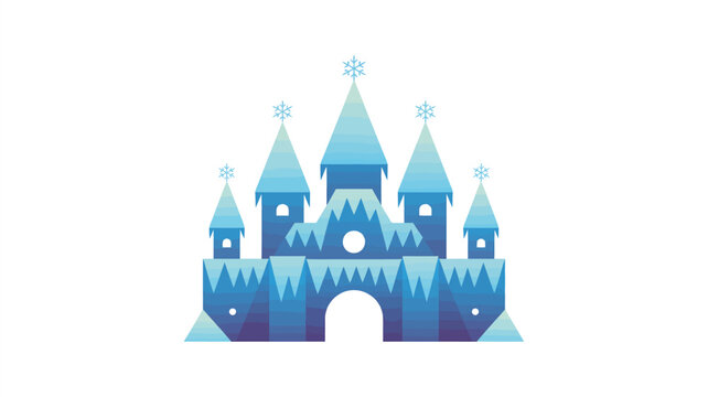Flat vector illustration of a magical blue Ice Castle isolated on white. Frozen fantasy palace icon, winter kingdom logo design, fairy tale background element.