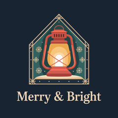 Festive Christmas Lantern Vector Illustration, Merry & Bright Holiday Greeting Card Design with Vintage Kerosene Lamp and Snowflakes on Dark Blue Background